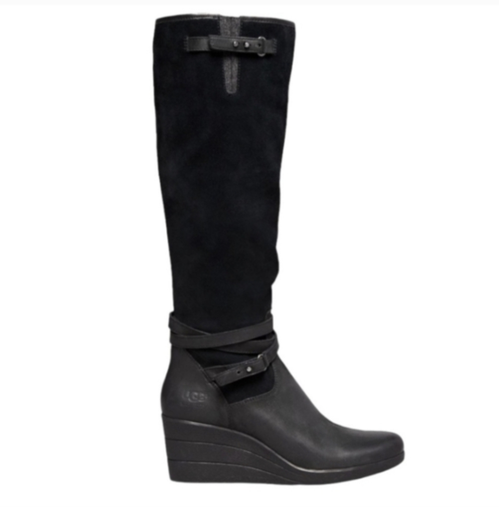 UGG Lesley Black Suede Wedge Boots Knee High Boots Size 8